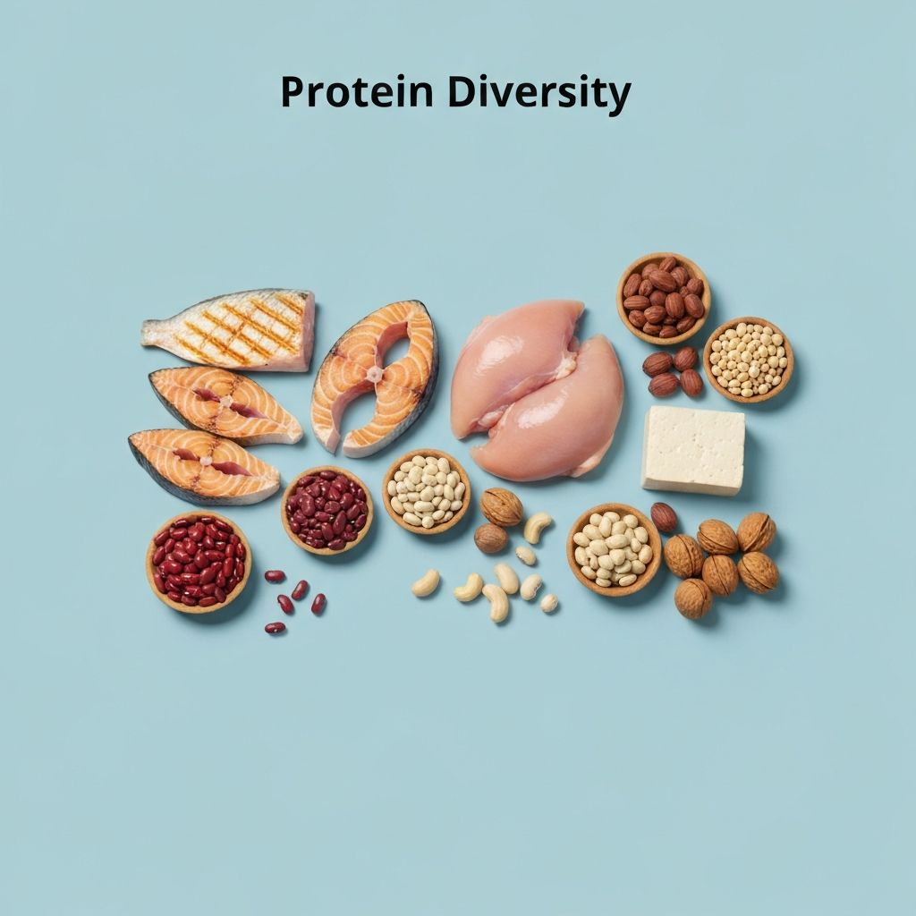 Diverse protein sources including fish, chicken, legumes and nuts